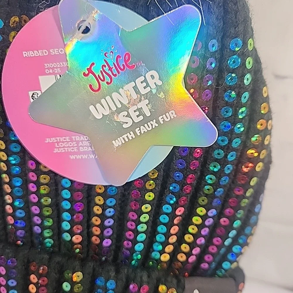 Justice Girls Rainbow Sequin Ribbed Beanie w/ faux fur & Gloves 2-Piece Set BLK